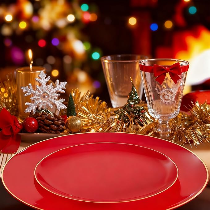 WDF 150Pcs Red Plastic Plates - Red Plates Disposable - 25Guest Christmas Dinnerware Include 25 Dinner Plate, 25 Dessert Plate, 75 Cutlery & 25 9oz Cups for Christmas & Parties