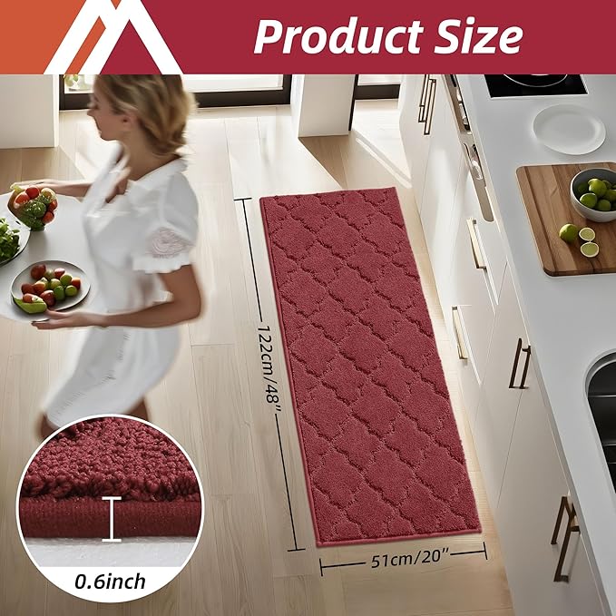 COSY HOMEER-Kitchen-Rugs 20"x48" Non-Slip Absorbent Soft Kitchen Runner Rug Polyester Kitchen Mats for Floor Washable Kitchens Standing Floor Mat for Sink Mat,Hallway,Laundry,Red