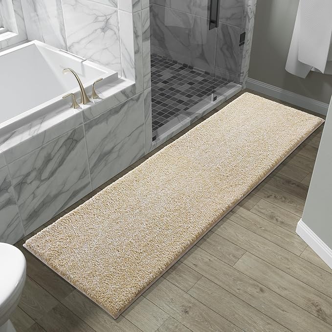 Yimobra Bathroom Runner Rug Non Slip Washable, Soft Absorbent Microfiber Long Bath Mat, Dual-Tone Decor Rug with Rubber Backing for Floor,Tub and Hallway,70x24,Home Essentials,Light Beige and White