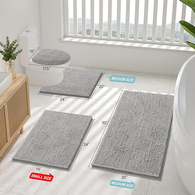 Smiry Luxury Chenille Bathroom Rugs 50x30, Extra Soft and Absorbent Shaggy Bath Mat, Machine Washable, Non-Slip Plush Carpet Runner for Tub, Shower, and Floor, Home Decor Accessories, Light Grey