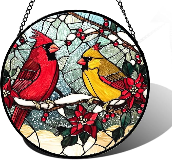 Stained Glass Window Hanging, Love Birds Cardinals Sun Catchers Colorful Glass Panel Birds Suncatcher Decor for Birthday for Women, Men, Wife, Lovers, and Mom 14.9x14.9 in