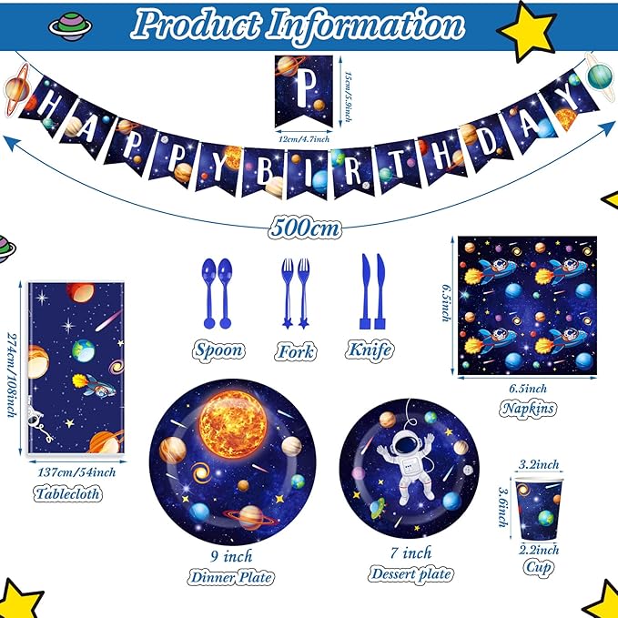 Outer Space Birthday Party Supplies Serve 24 Space Party Tableware Set, Happy Birthday Banner Solar System Tablecloth Paper Plates Cups Napkins Knives Forks Spoons for Solar Theme Activities Decor