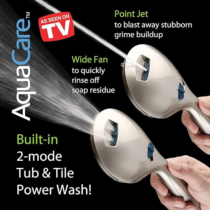 Hotel Spa AquaCare High Pressure 8-mode Handheld Shower Head - Anti-clog Nozzles, Built-in Power Wash to Clean Tub, Tile & Pets, Extra Long 6 ft. Hose, Wall & Overhead Brackets - 1.8 GPM