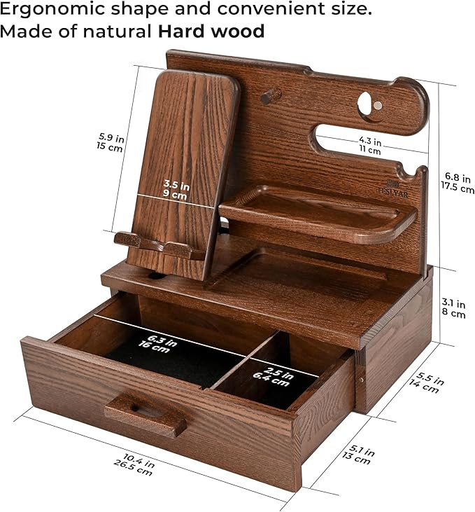 Wood Phone Docking Station with Drawer – Nightstand Desk Organizer
