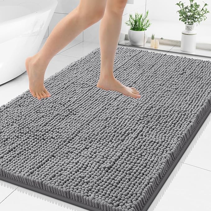 Smiry Luxury Chenille Bathroom Rugs 48x32, Extra Soft and Absorbent Shaggy Bath Mat, Machine Washable, Non-Slip Plush Carpet Runner for Tub, Shower, and Floor, Home Decor Accessories, Grey