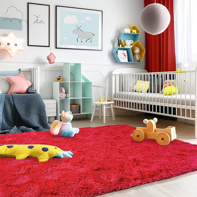 Super Fluffy Rug for Bedroom, 4x6 Shag Fuzzy Area Rug for Living Room Bedroom, Plush Soft Carpet for Girls Boys Kids, Non Slip Throw Rugs for Dorm, Modern Home Decor Aesthetic, Red