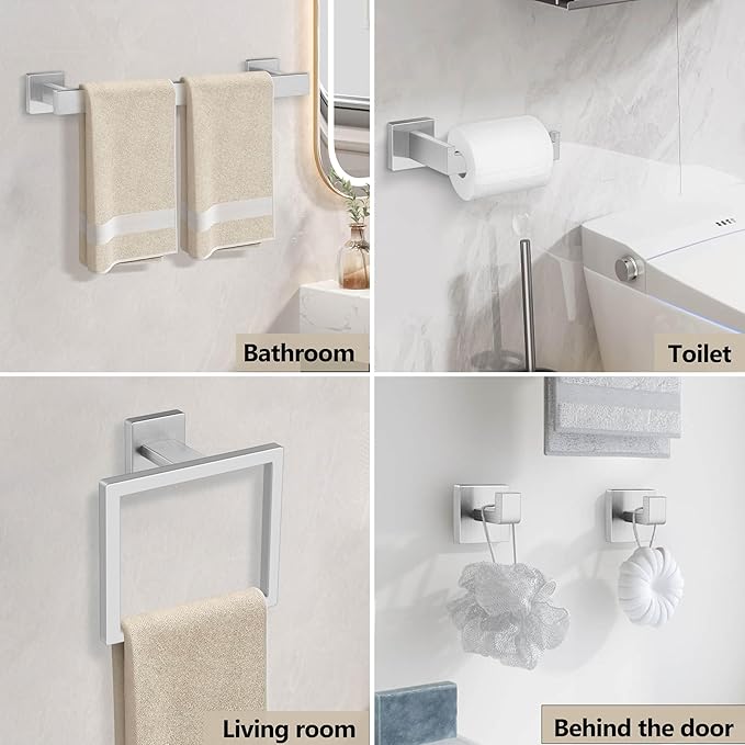 5 Pieces Brushed Nickel Bathroom Accessories Set, Homikit SUS304 Stainless Steel Wall Mounted Bath Towel Hardware Bar Set, 16 Inch Towel Rack, Toilet Paper Holder, Towel Ring, Hooks