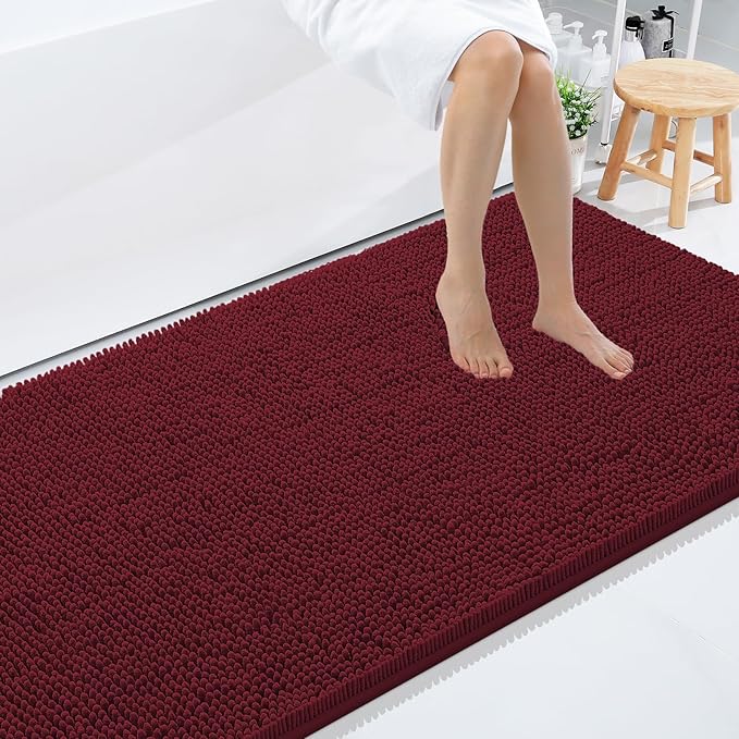 Smiry Luxury Chenille Bathroom Rugs 50x30, Extra Soft and Absorbent Shaggy Bath Mat, Machine Washable, Non-Slip Plush Carpet Runner for Tub, Shower, and Floor, Home Decor Accessories, Burgundy
