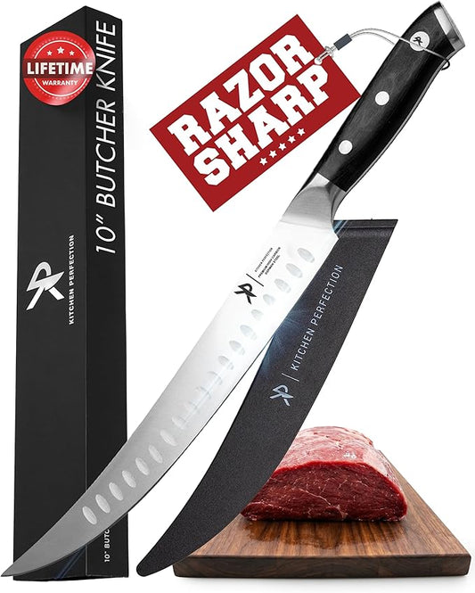 KITCHEN PERFECTION 10” Butcher Knife for Meat Cutting & Trimming-Ultra Sharp Cimeter Breaking Carving Knife with Sheath- Premium German Steel,Full Tang Ergonomic Handle -Perfect Grilling Gifts for Men