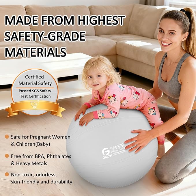 Gruper Yoga Ball, Multiple Sizes Non Slip Exercise Ball for Workout, Birthing, Balance, Stability, Pregnancy, 2200LB Capacity, Anti Burst Chair for Home and Office, Includes Quick Pump & Fitness Guide