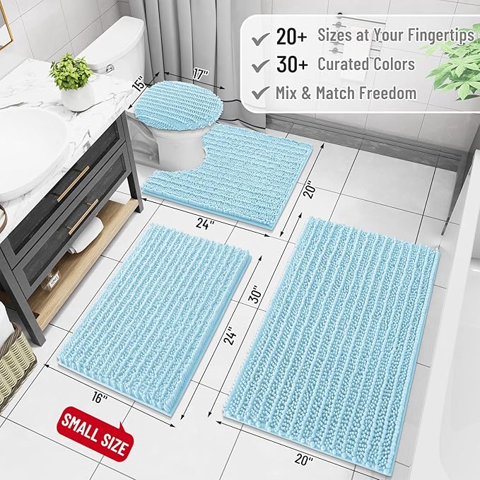 Arotive Luxury Chenille Bathroom Rug Mat, Extra Soft Thick Absorbent Shaggy Bath Rugs, Non-Slip Machine Wash Dry, Plush Bath Mats for Bathroom, Shower and Tub, 54x24, Blue