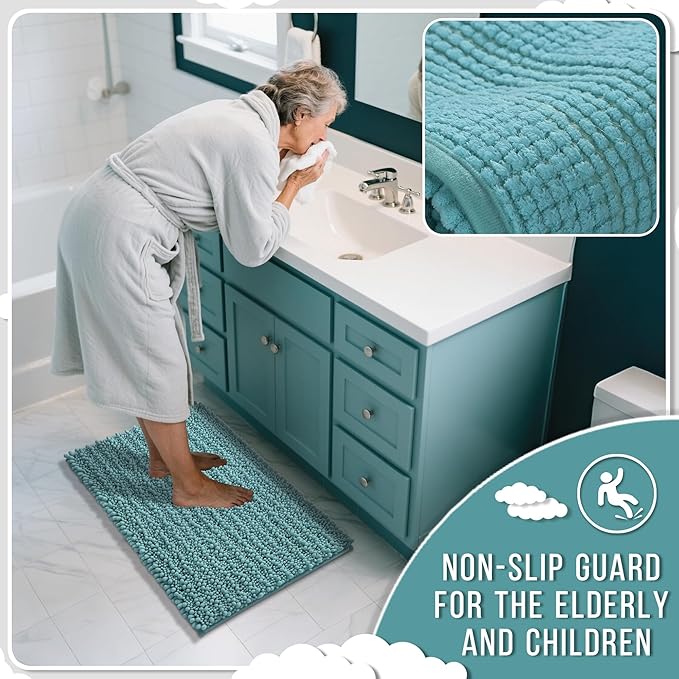 Yimobra Long Bathroom Rugs Non Slip Washable 44x24 Inch - Ultra Soft Absorbent Chenille Bath Mat, Quick Dry Shaggy Floor Carpet for Tub Shower, Teal Blue Home Decor Accessories