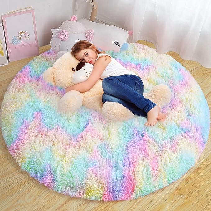 Round Fluffy Rugs 7Ft for Girls Bedroom, Rainbow Shag Circle Kids Rug Non-Slip for Bedside Dorm Nursery Playroom, Soft Cute Area Rugs for Living Room Decor