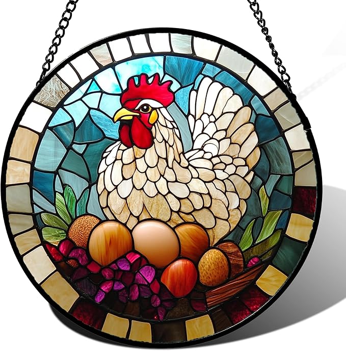 Stained Glass Window Hanging White Chicken Hatching Eggs 7.8" - Suncatcher Door Garden Sunroom Sun Catcher Home Decor Birthday Christmas for Mom Men Woman Nana