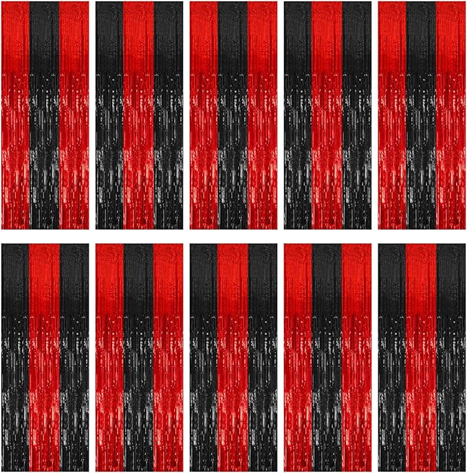 10 Pack Black and Red Backdrop Party Decorations Tinsel Curtain Halloween Party Streamer Foil Fringe Birthday Decorations Photo Booth Fancy Ball Christmas New Year Graduation Party Decor Decor