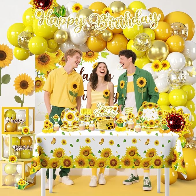 297pcs Sunflower Birthday Decorations-Serves 25, All-in-one Sunflower Party Decorations with 350gsm Plate, Backdrop, Tablecloth, Banner, Balloon, Balloon Box, Centerpiece, Cake Topper, Etc