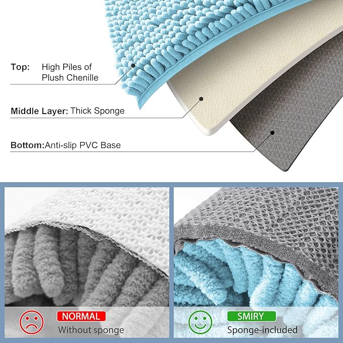 Smiry Luxury Chenille Bathroom Rugs 59x24, Extra Soft and Absorbent Shaggy Bath Mat, Machine Washable, Non-Slip Plush Carpet Runner for Tub, Shower, and Floor, Home Decor Accessories, Sky Blue