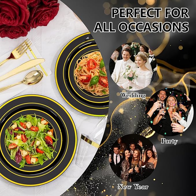 GATHER 350PCS Black Plastic Plates - Black and Gold Disposable Dinnerware Set Include 100 Plates, 150 Gold Silverware, 50 Napkins, 50 Cups for Party & Wedding & Birthday & New Year