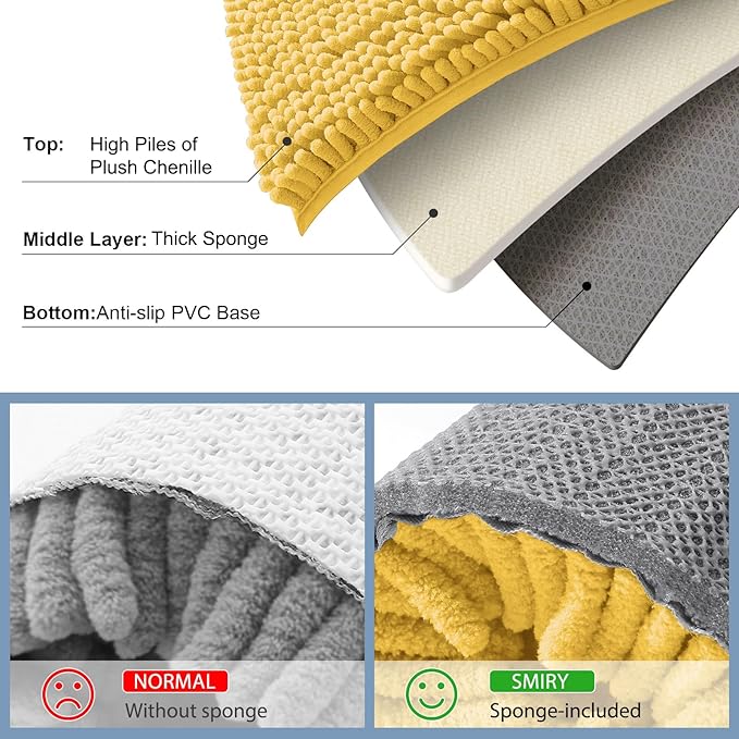 Smiry Luxury Chenille Bathroom Rugs 47x24, Extra Soft and Absorbent Shaggy Bath Mat, Machine Washable, Non-Slip Plush Carpet Runner for Tub, Shower, and Floor, Home Decor Accessories, Yellow