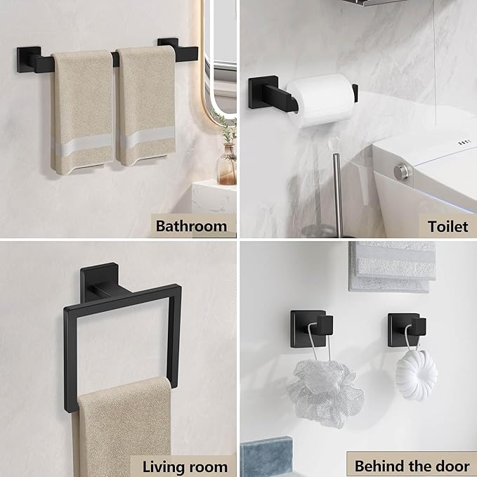 Homikit Matte Black Bathroom Hardware Set, 5-Piece SUS304 Stainless Steel Wall Mounted Bath Towel Bar Accessories Set, 16 Inch Towel Rack, Toilet Paper Holder, Towel Ring, Hooks