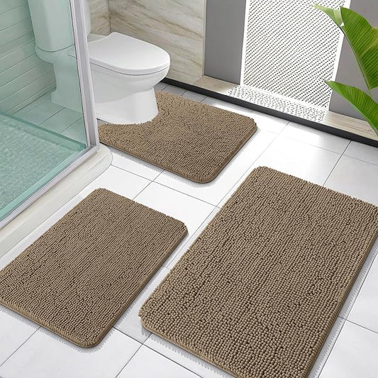 OLANLY Bathroom Rugs Sets 3 Piece, Soft Absorbent Chenille Bath Mats and U-Shaped Contour Toilet Rug, Quick Dry, Home Decor Accessories, Bath Mat Set for Bathroom (30"x20"+24"x16"+24"x20", Tan)