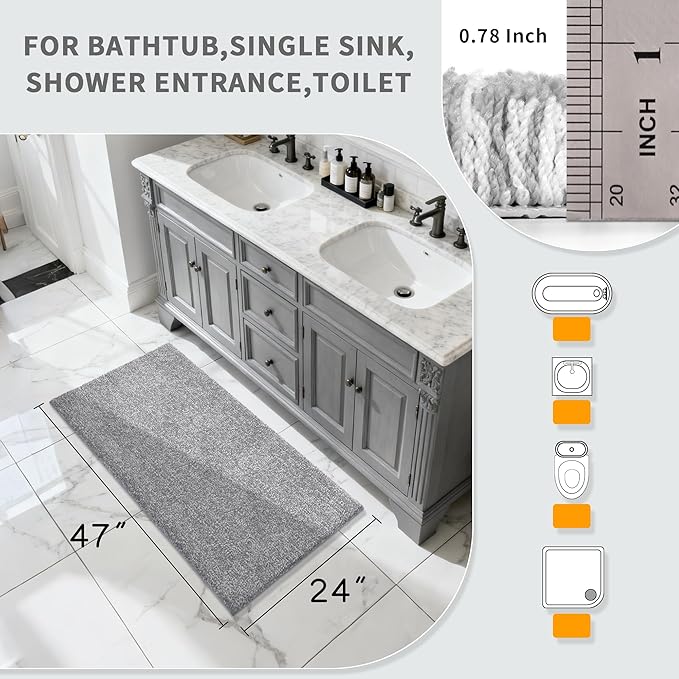 Yimobra Long Bathroom Rug Non Slip Washable, Soft Absorbent Microfiber Bath Mat, Dual-Tone Decor Rug with Rubber Backing for Bathroom Floor,Tub and Shower,47x24,Home Essentials,Grey and White