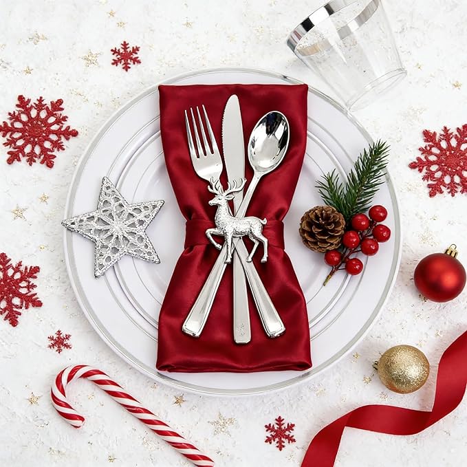 GATHER 350PCS Silver Plastic Plates - White and Silver Disposable Plates for 50 Guests Includes 100 Plate, 50 Napkins, 150 Silvery Cutlery and 50 Cups for Party & Christmas