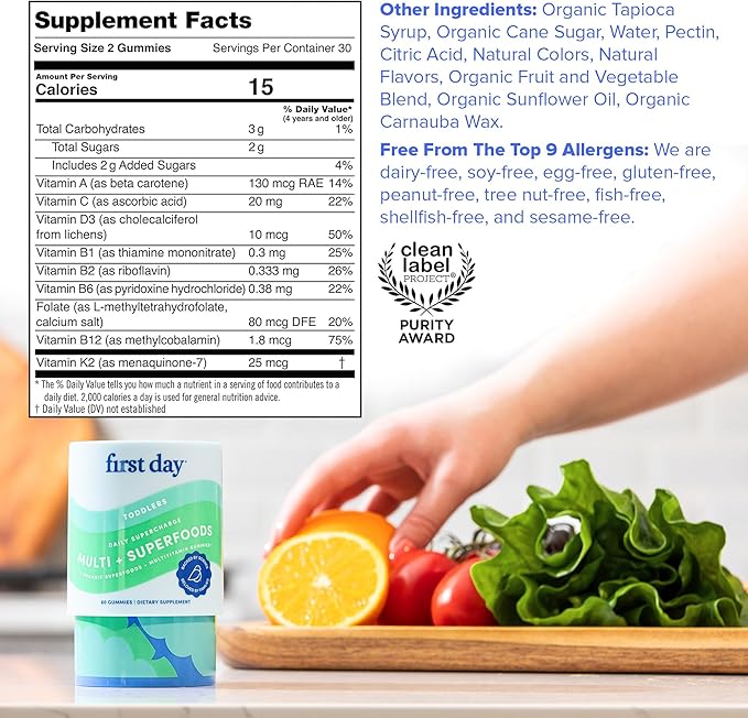FIRST DAY Toddler Multivitamin Gummies (Ages 2-3)| Kids Multivitamin Gummies with Vitamins A C D3, B2, B12, Choline, Folate and 21 Organic Superfoods| (30 Day Supply)