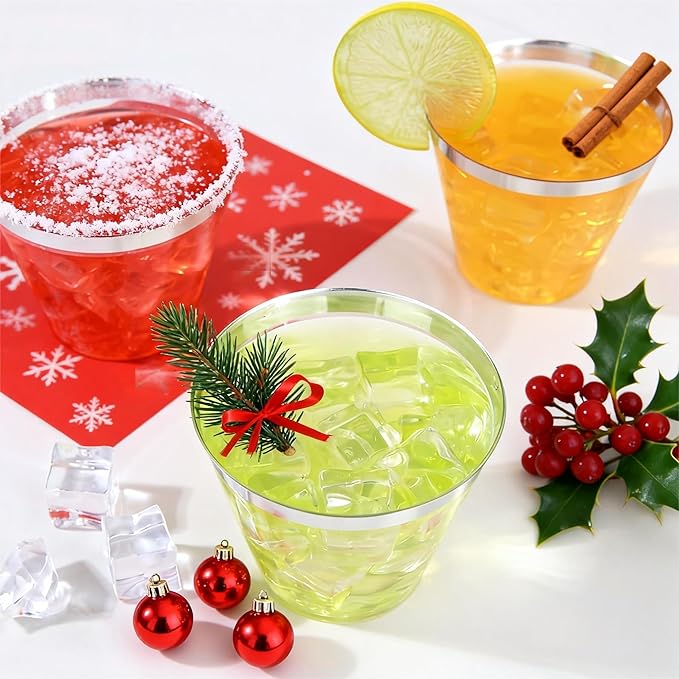 WELLIFE 200pcs Silver Cups, 9OZ Clear Plastic Cups,Plastic Wine Glasses Disposable,Cocktail Glasses for Party and Weddings