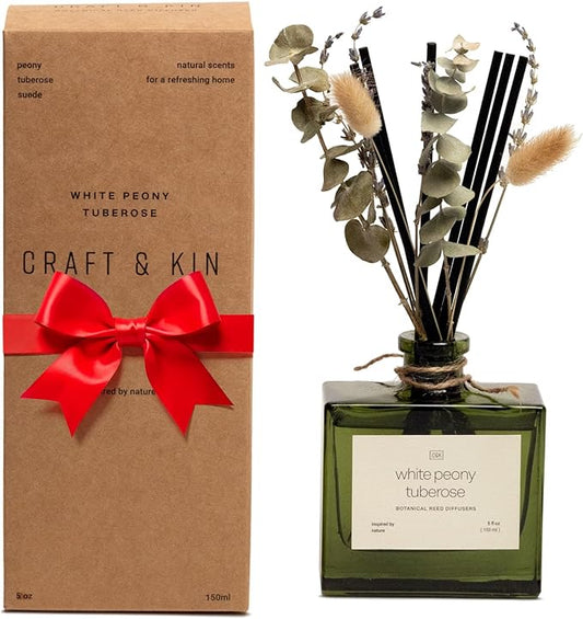 Craft & Kin Christmas Reed Diffuser with Dried Flowers | 5 oz White Peony & Tuberose Scented Holiday Reed Diffusers for Home, Bathroom | Scent Sticks | Elegant Fragrance Home Decor for Men & Women