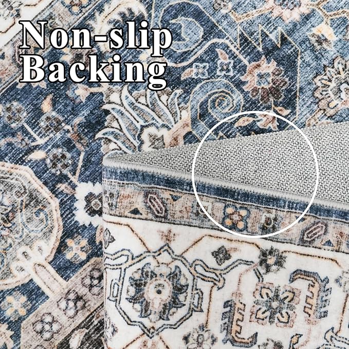 Living Room 4round Area Rugs - Boho Rugs for Living Room Stain Resistant Carpet Vintage Tribal Rugs for Bedroom Kitchen Bathroom with Non Slip Backing Home Decor Floor Decoration Mat 4ft Navy