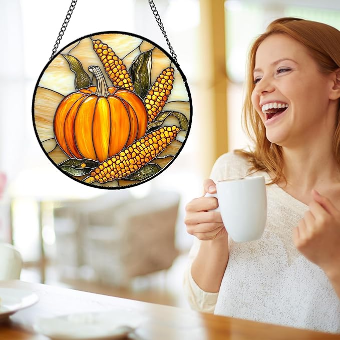 Stained Glass Window Hanging Autumn Harvest Pumpkin Corn 6.3" - Suncatcher Door Garden Kitchen Sunroom Sun Catcher Fall Home Decor Birthday for Mom Grandma Men Woman
