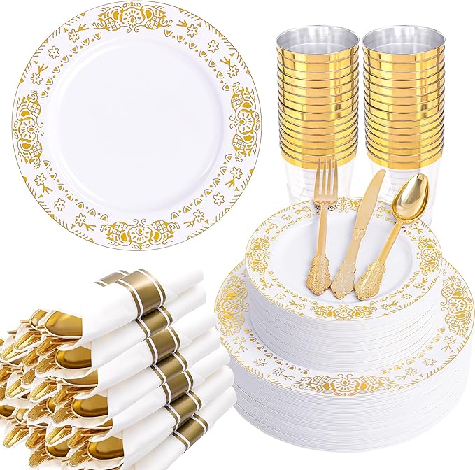 GATHER 350PCS White and Gold Plastic Plates - Gold Disposable Dinnerware Set Include 50 Dinner Plates, 50 Dessert Plates, 150 Gold Plastic Silverware, 50 Napkins, 50 Cups for Wedding & Christmas