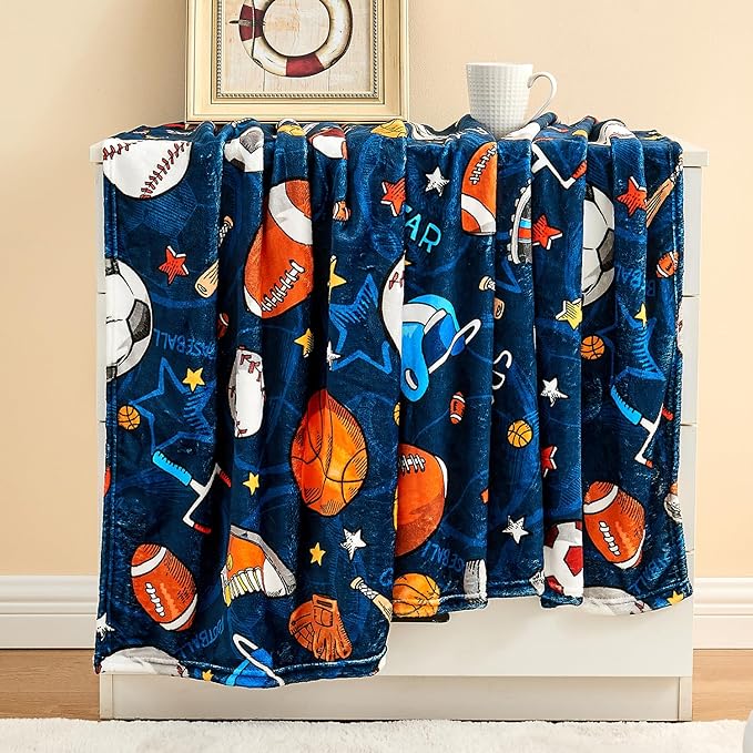 Wajade Sports Blanket for Boys,Soft Fleece 3D Soccer Basketball Baseball Football Kids Blanket for Couch Sofa Bedroom, Fuzzy Ball Throws for Kids Boys Teens,60"x80"