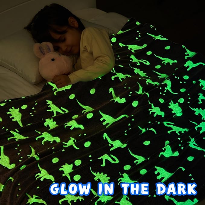inhand Dinosaur Toys for Kids Glow in The Dark Dinosaur Blanket Christmas Birthday Valentine's Day Easter Party Decorations Favors,2 3 4 5 6 7 8 9 10 Year Old Boy Gifts Soft Blanket（50"X60" Blue Dino