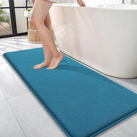OLANLY Thick Memory Foam Bath Mat Rug 47x17, Extra Soft Absorbent Bathroom Rug, Quick Dry Bath Mat, Non-Slip, Machine Washable Carpet for Bathroom, Tub and Shower, Home Decor Accessories, Peacock Blue