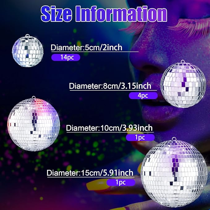 MTLEE 20 Pcs Disco Balls Decoration Mirror Disco Ball Assorted Silver Mini Glass Different Sizes Reflective with Rope for 70s Wedding Dance Music(6, 4, 3. 2, 2 Inch)