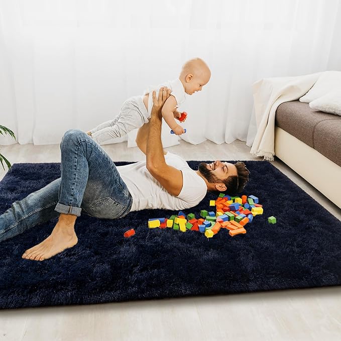 Super Fluffy Rug for Bedroom, 4x6 Shag Fuzzy Area Rug for Living Room Bedroom, Plush Soft Carpet for Girls Boys Kids, Non Slip Throw Rugs for Dorm, Modern Home Decor Aesthetic, Dark Blue