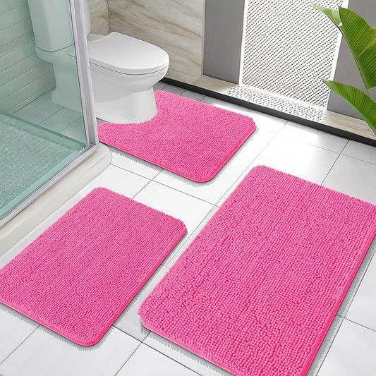 OLANLY Bathroom Rugs Sets 3 Piece, Soft Absorbent Chenille Bath Mats and U-Shaped Contour Toilet Rug, Quick Dry, Home Decor Accessories, Bath Mat Set for Bathroom (30"x20"+24"x16"+24"x20", Hot Pink)