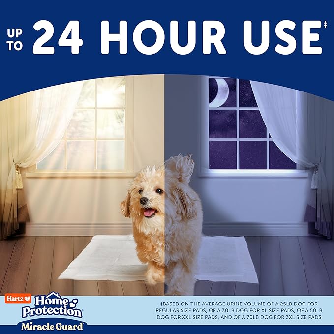 Hartz Home Protection Miracle Guard Dog Pads, Regular Size 50 Count, 3X Absorbency & 3X Longer use, Won't Leak and Odor Eliminating