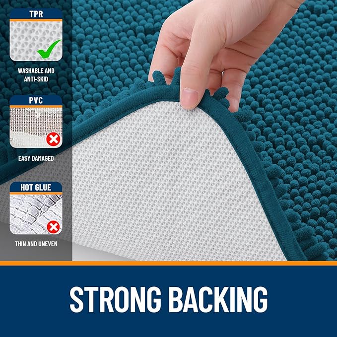 OLANLY Bathroom Rugs Sets 3 Piece, Soft Absorbent Chenille Bath Mats and U-Shaped Contour Toilet Rug, Quick Dry, Home Decor Accessories, Bath Mat Set for Floor (47"x20"+24"x16"+24"x20", Peacock Blue)