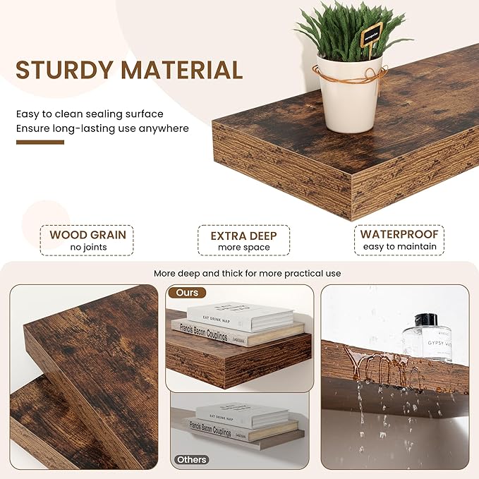 Axeman 16Inch Floating Shelves for Wall, 2 Pack Shelves for Bedroom, Bathroom, Kitchen, Hanging Wall Mounted Rustic Wood Shelf with Invisible Brackets for Books Decor, Rustic Brown