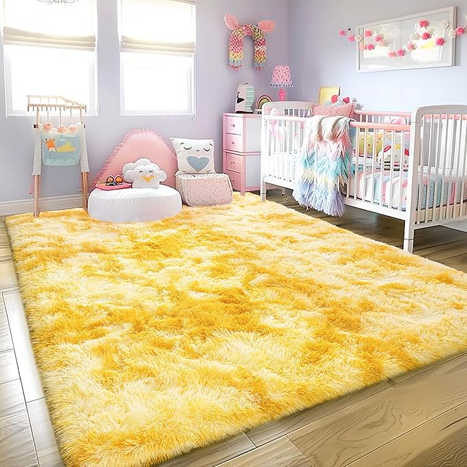 Super Fluffy Rug for Bedroom, 4x6 Shag Fuzzy Area Rug for Living Room Bedroom, Plush Soft Carpet for Girls Boys Kids, Non Slip Throw Rugs for Dorm, Modern Home Decor Aesthetic, Tie-Dyed Yellow