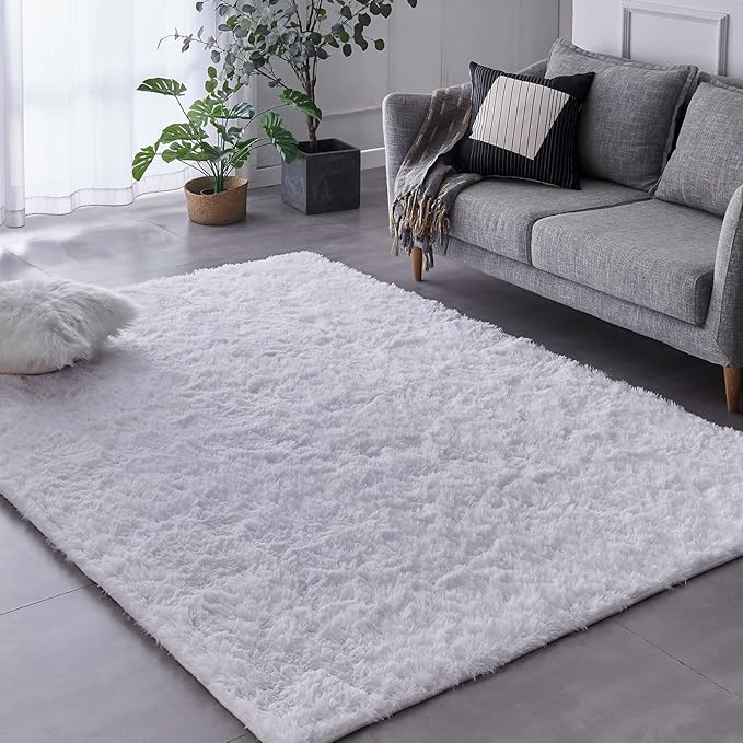 TABAYON Shag Area Rug, 4'x6' White Indoor Ultra Soft Plush Rugs for Living Room, Non-Skid Modern Nursery Faux Fur Rugs for Kids Room Home Decor