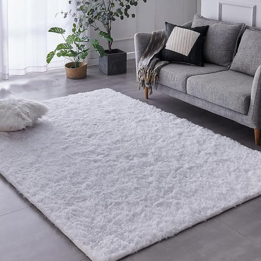 TABAYON Shag Area Rug, 4'x6' White Indoor Ultra Soft Plush Rugs for Living Room, Non-Skid Modern Nursery Faux Fur Rugs for Kids Room Home Decor