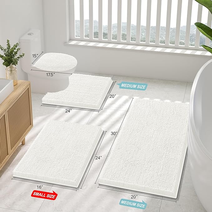 Smiry Luxury Chenille Bathroom Rugs 44x24, Extra Soft and Absorbent Shaggy Bath Mat, Machine Washable, Non-Slip Plush Carpet Runner for Tub, Shower, and Floor, Home Decor Accessories, Ivory