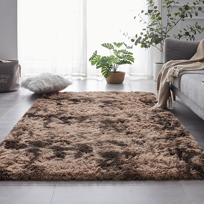 TABAYON Shag Area Rug, 5x7 Ft Tie-Dyed Coffee Upgrade Anti-Skid Durable Rectangular Cozy Rug, High Pile Soft Throw Rug for Nursery Room Living Room