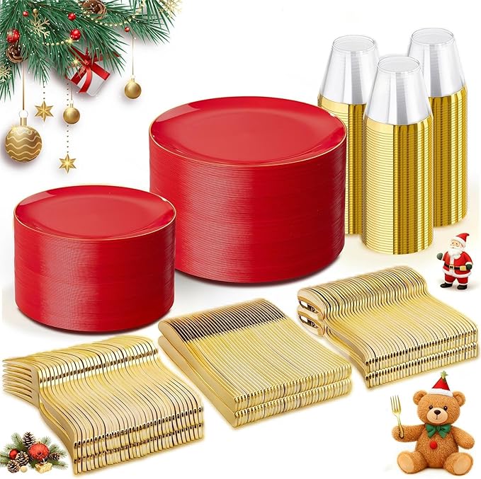 WDF 300Pcs Red Disposable Plates - Christmas Plates - 50guest Disposable Dinnerware Include 50 Dinner Plate, 50 Dessert Plate, 150 Cutlery & 50 9oz Cups for Christmas & Parties