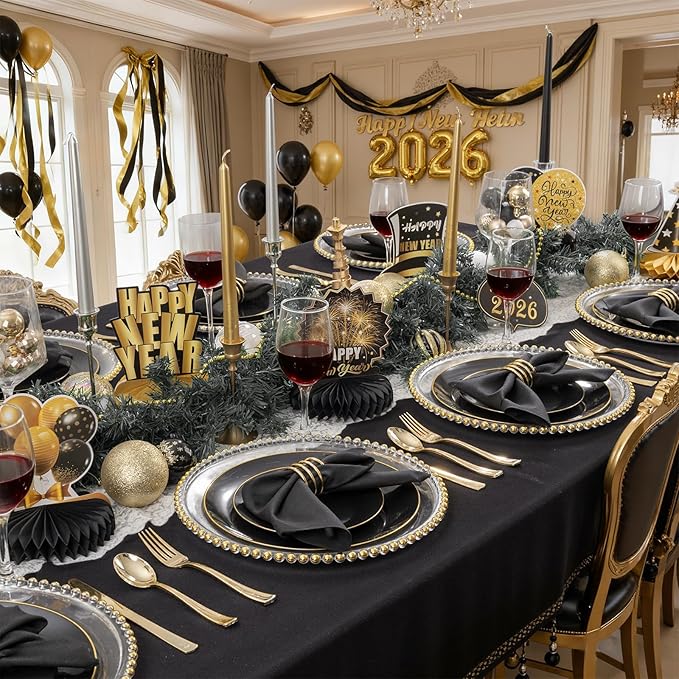 KIRE 100PCS Black and Gold Plates - Black Plastic Plates Disposable with Gold Rim for Halloween Party/Wedding/Birthday Include 50Pcs 10.25inch for Dinner and 50Pcs 7.5inch for Dessert/Salad