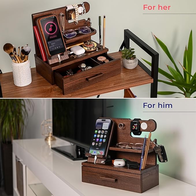 Wood Phone Docking Station with Drawer – Nightstand Desk Organizer